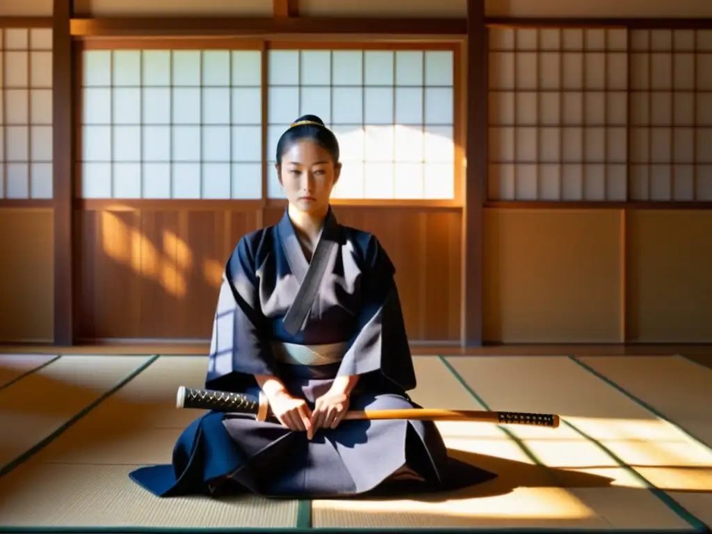 Un experimentado practicante de kendo en atuendo tradicional sostiene un shinai con expresión serena y concentrada en un dojo iluminado por el sol