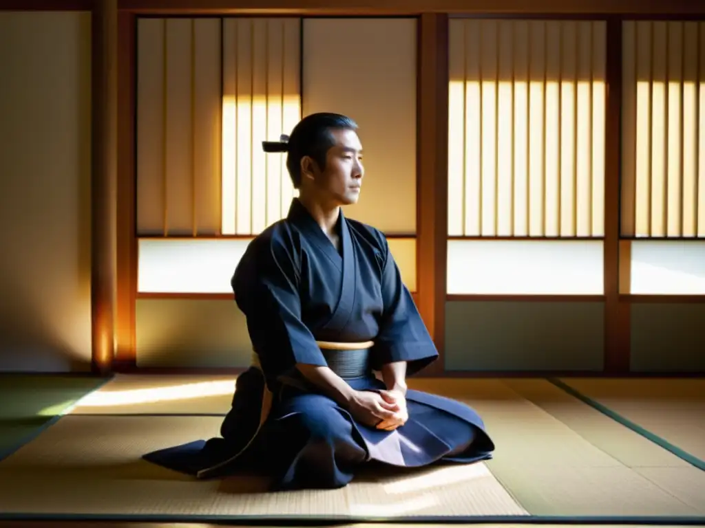 Un experimentado practicante de kendo en seiza, vistiendo el atuendo tradicional, con un shinai de bambú en el regazo