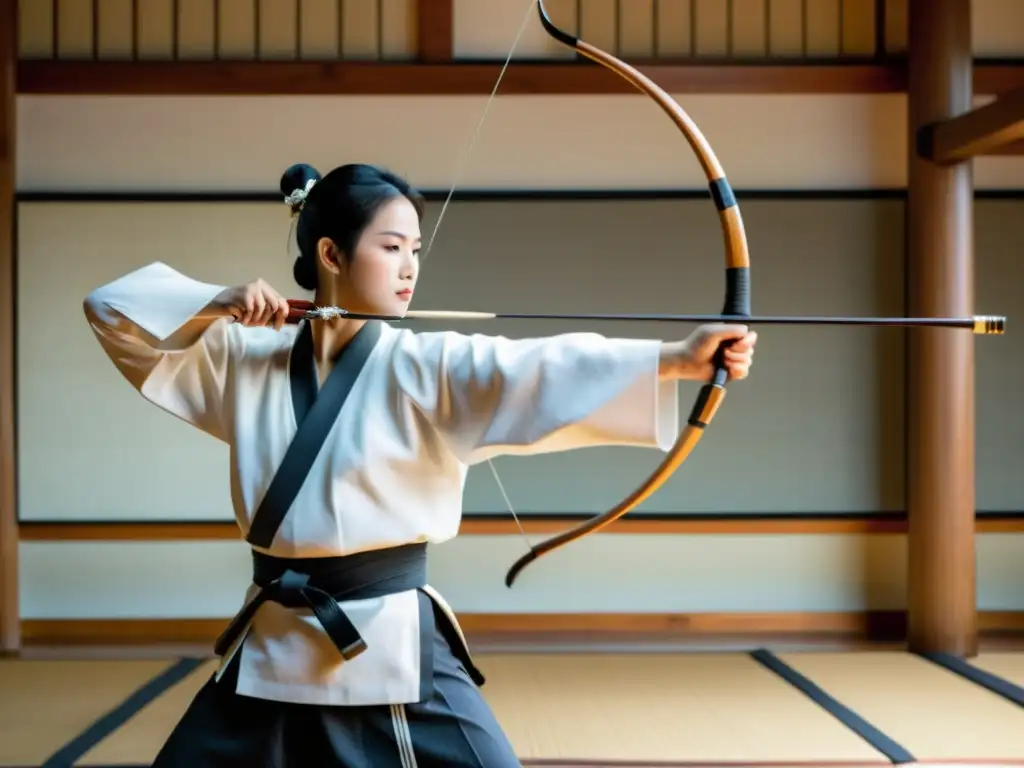 Un experto arquero de Kyudo en postura perfecta, en un kyudojo tradicional, exudando concentración y gracia