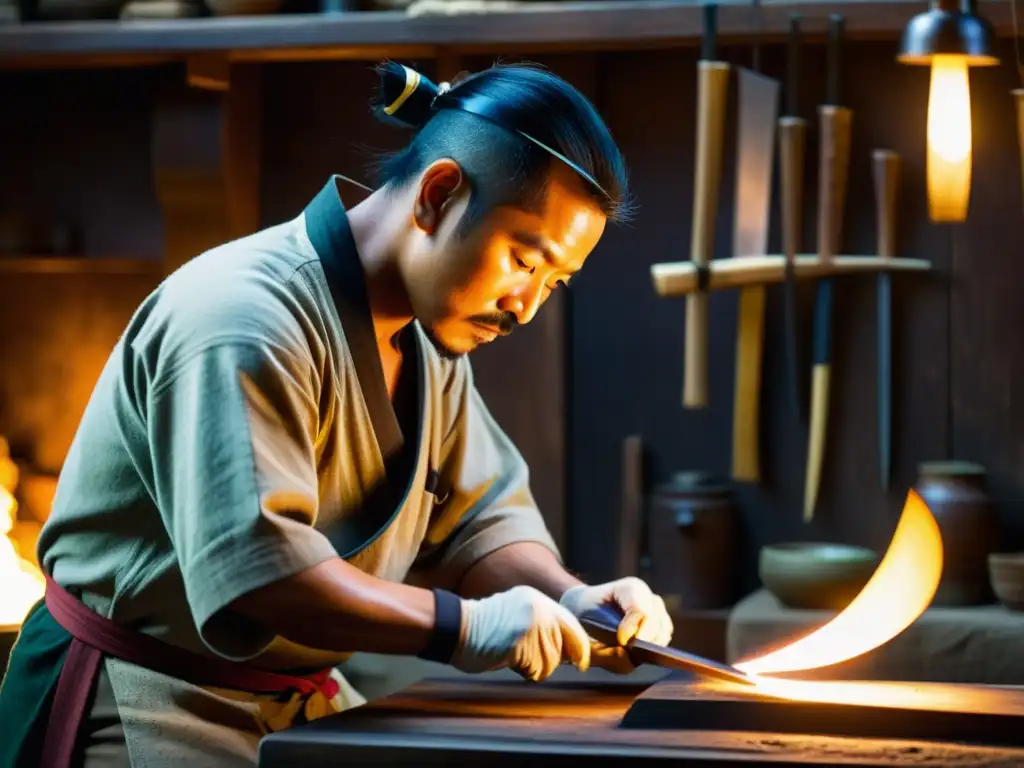 Un experto artesano elaborando una Naginata en su taller tradicional, inmerso en la rica herencia cultural