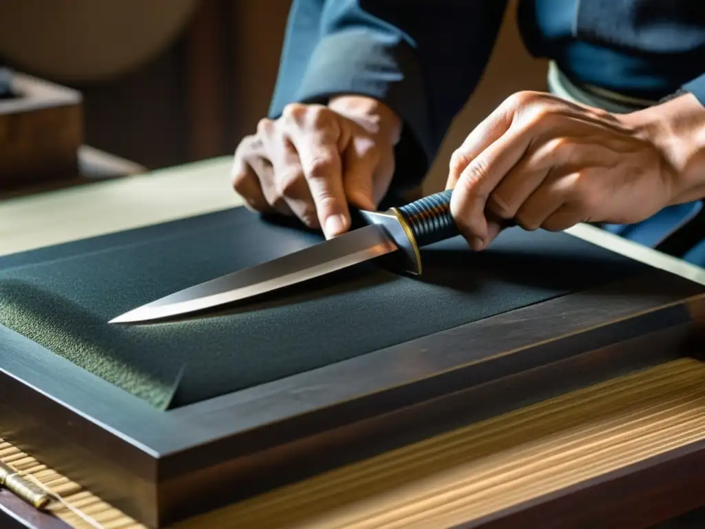 Un experto artesano afila con precisión la hoja de una espada samurái, reflejando el cuidadoso mantenimiento de esta réplica