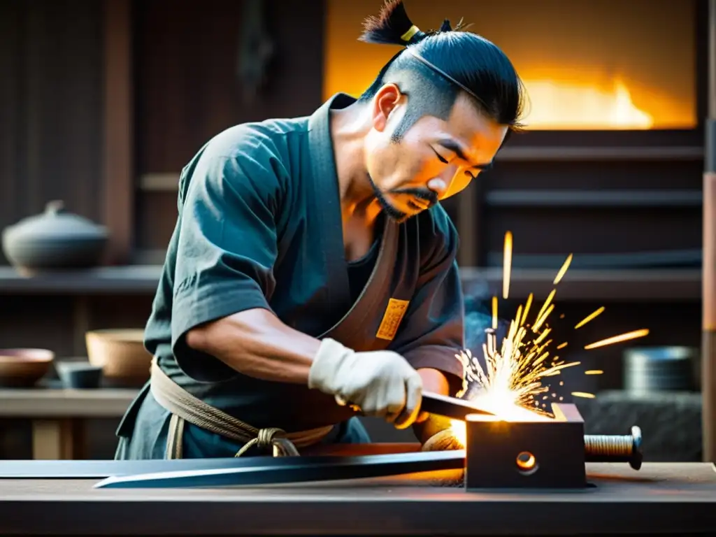 Un experto forja con maestría una espada samurái, resaltando la evolución del arte samurái en una escena llena de chispas y tradición