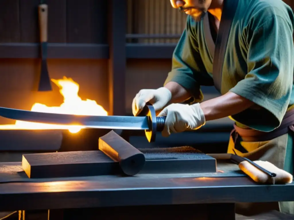 Un experto forjador japonés cuidadosamente elabora un Wakizashi en su tradicional taller iluminado por la luz del fuego