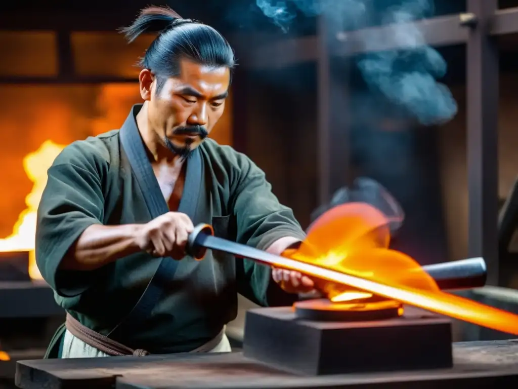 Un experto forjador de katanas crea patrones en un acero incandescente, en un taller lleno de humo y tradición