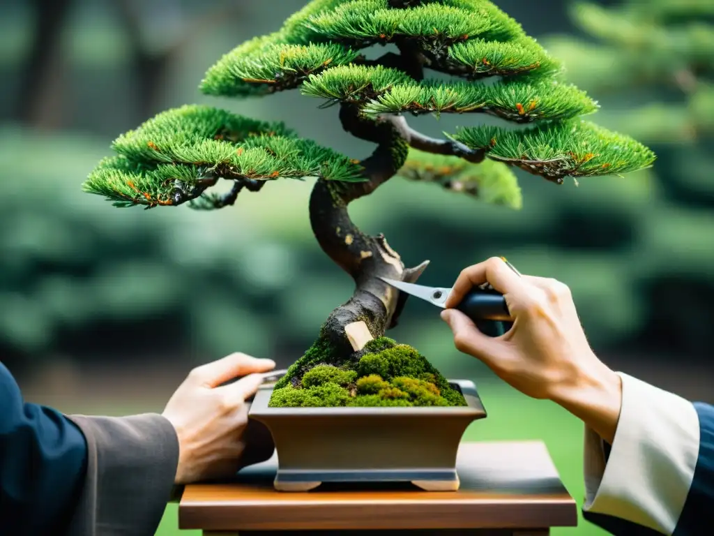 Un experto jardinero japonés en atuendo tradicional podando con precisión un bonsái, evocando las técnicas de poda inspiradas en samuráis