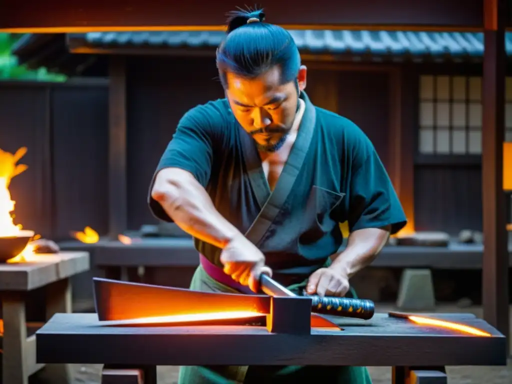 El experto herrero forja una katana paso a paso en su taller, rodeado de herramientas antiguas