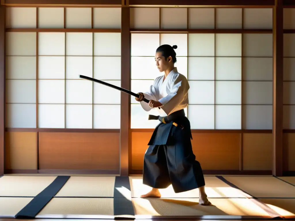 Un experto practicante de Iaido en un dojo tradicional, listo para situaciones de autodefensa reales, con un katana reluciente y mirada enfocada