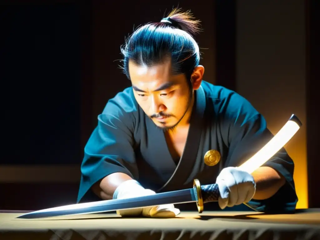 Un experto restaurador japonés examina con cuidado un antiguo wakizashi, resaltando la precisión y reverencia en la restauración