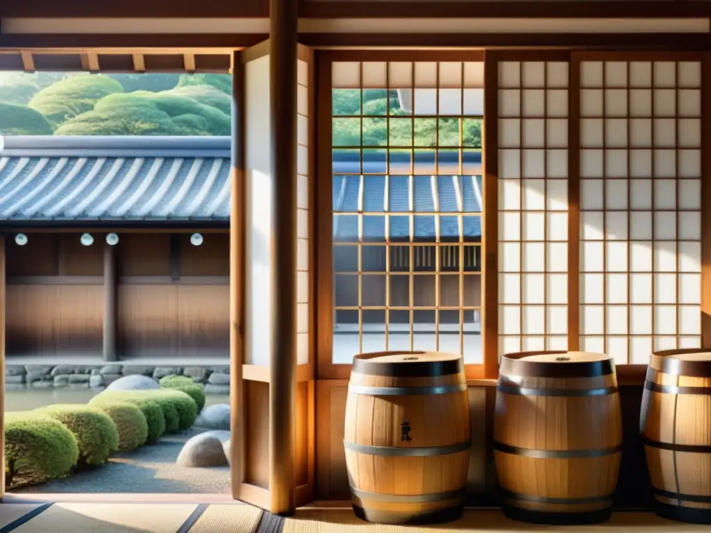 Exportaciones samuráis saké mundo: Detalles de una histórica bodega japonesa, con barriles de madera, artesanos y aura serena