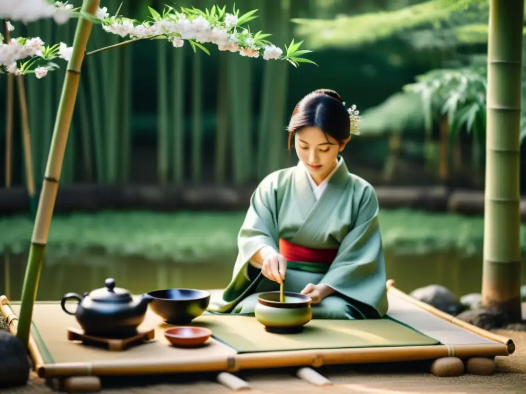 Una exposición fotográfica de la estética samurái: ceremonia del té japonesa en un jardín sereno, con movimientos precisos y armonía