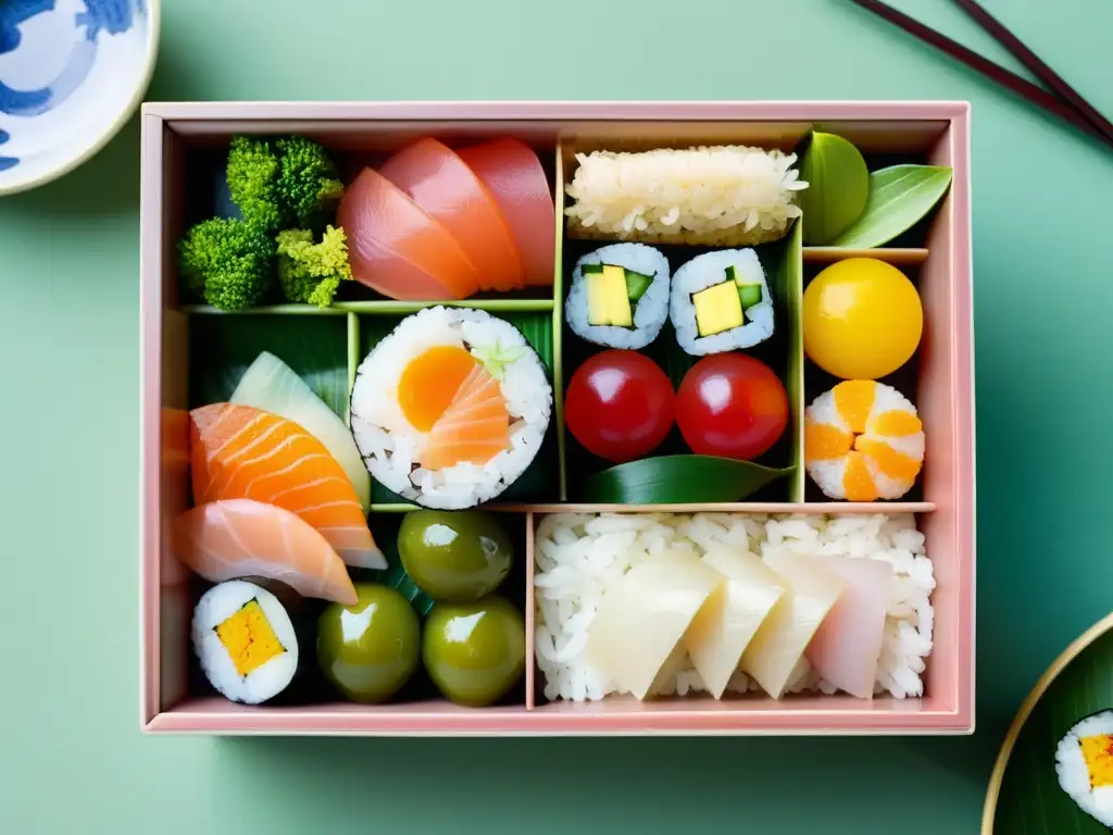 Exquisita caja bento japonesa en jardín tradicional Una exquisita bento box japonesa con ingredientes frescos y coloridos, en un escenario de jardín tradicional japonés