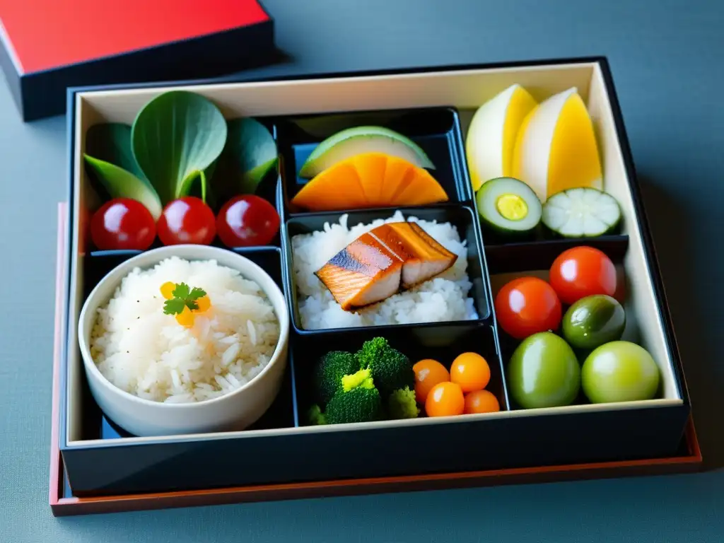 Una exquisita bento box japonesa, reflejo de la dieta del samurái para salud, con ingredientes frescos y vibrantes en una presentación artística