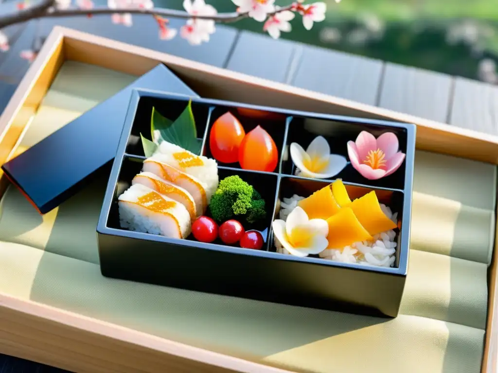 Una exquisita bento box japonesa con deliciosa gastronomía samurái dieta tradicional, rodeada de un sereno jardín japonés en flor