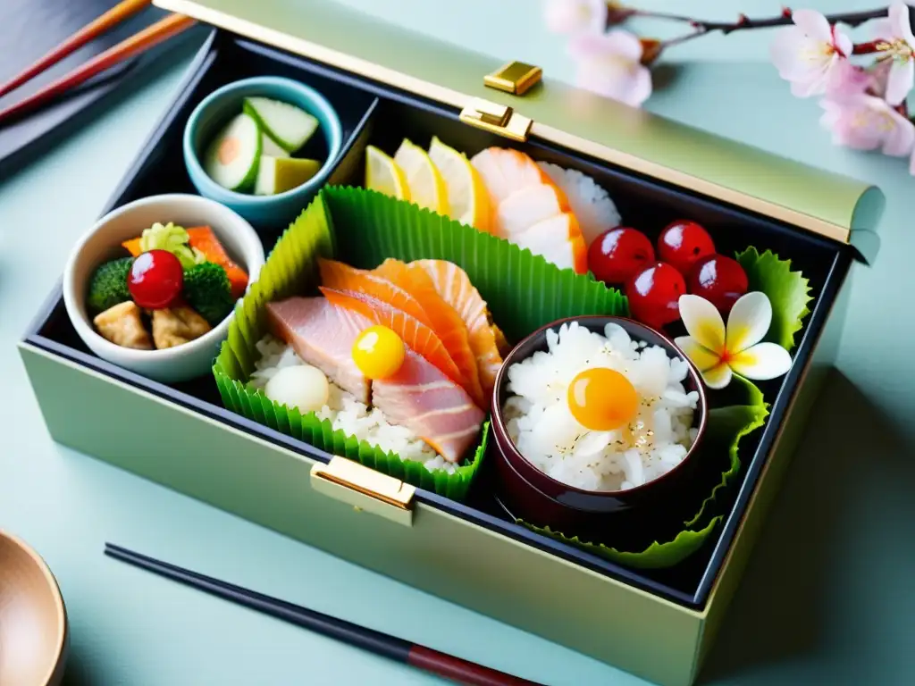 Una exquisita caja bento japonesa con una variedad de platos coloridos y elaborados, rodeada de delicadas flores de cerezo en un jardín sereno