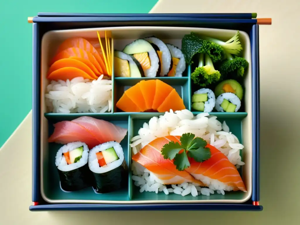 Bento japonés: arte culinario samurái Una exquisita caja bento japonesa con sushi, sashimi y vegetales encurtidos
