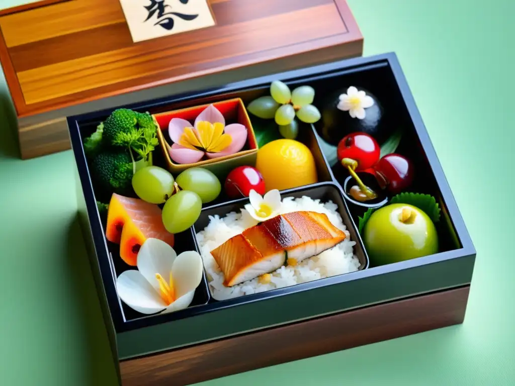 Una exquisita caja bento japonesa con frutas, verduras encurtidas, pescado a la parrilla y arroz, muestra la cuidadosa dieta tradicional samurái