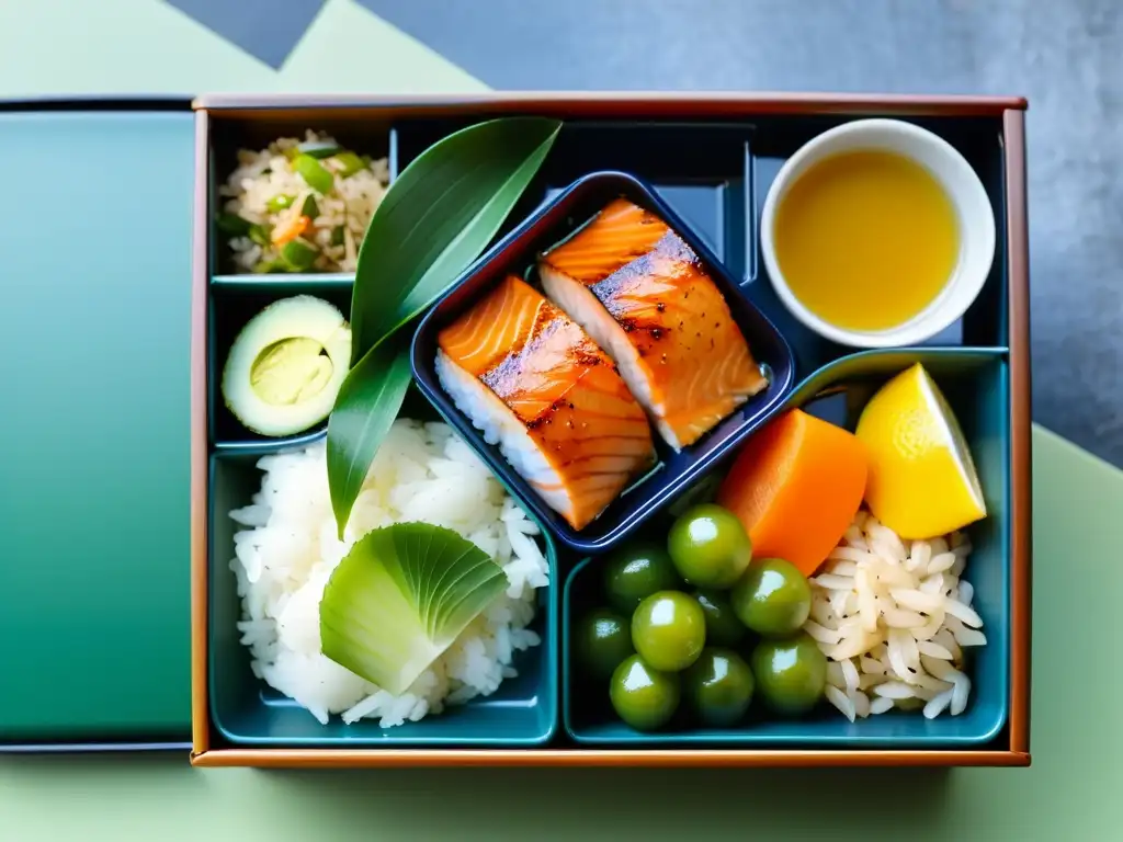 Una exquisita caja bento japonesa con comida vibrante y nutrientes, reflejando la disciplina y equilibrio de la Dieta Bushido: Fuerza y Agilidad