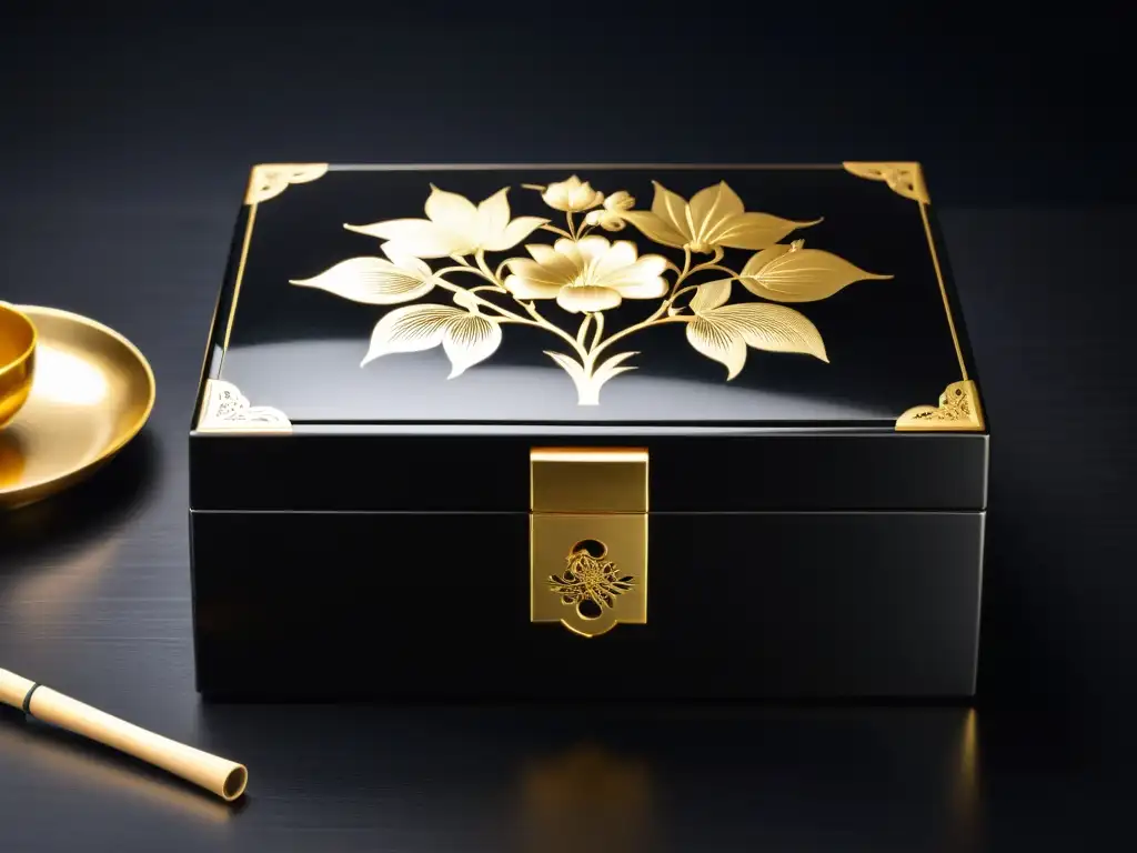 Una exquisita caja japonesa de laca con motivos florales en oro y plata, revela utensilios de té artesanales