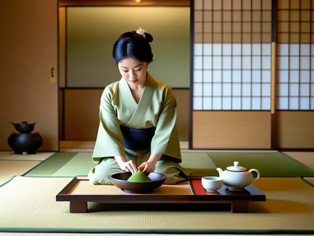 Una exquisita ceremonia del té samurái en una serena habitación tatami, con elegancia y riqueza cultural