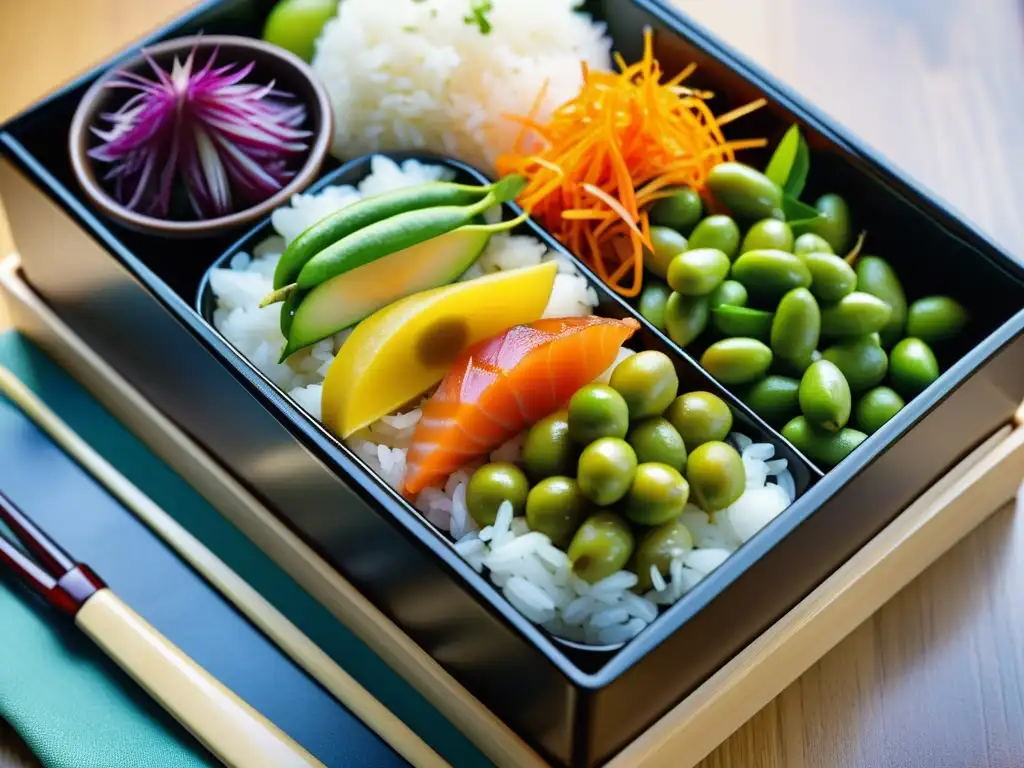 Una exquisita y colorida caja bento japonesa llena de superalimentos, reflejando la dieta tradicional samurái