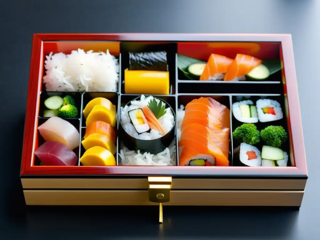 Una exquisita y colorida caja bento japonesa con sushi, sashimi y vegetales encurtidos, reflejando la dieta y nutrición del samurái