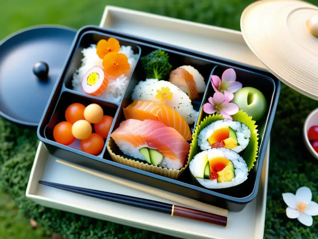 Una exquisita comida balanceada al estilo samurái, con bento japonés y una serena escena de jardín con cerezos en flor