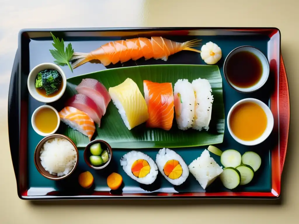 Una exquisita comida japonesa tradicional en una bandeja lacada, con sashimi, tempura, sopa de miso, verduras encurtidas y arroz