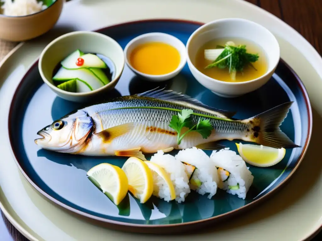 Una exquisita comida japonesa tradicional en una bandeja de laca, destacando la meticulosidad en la cocina samurái