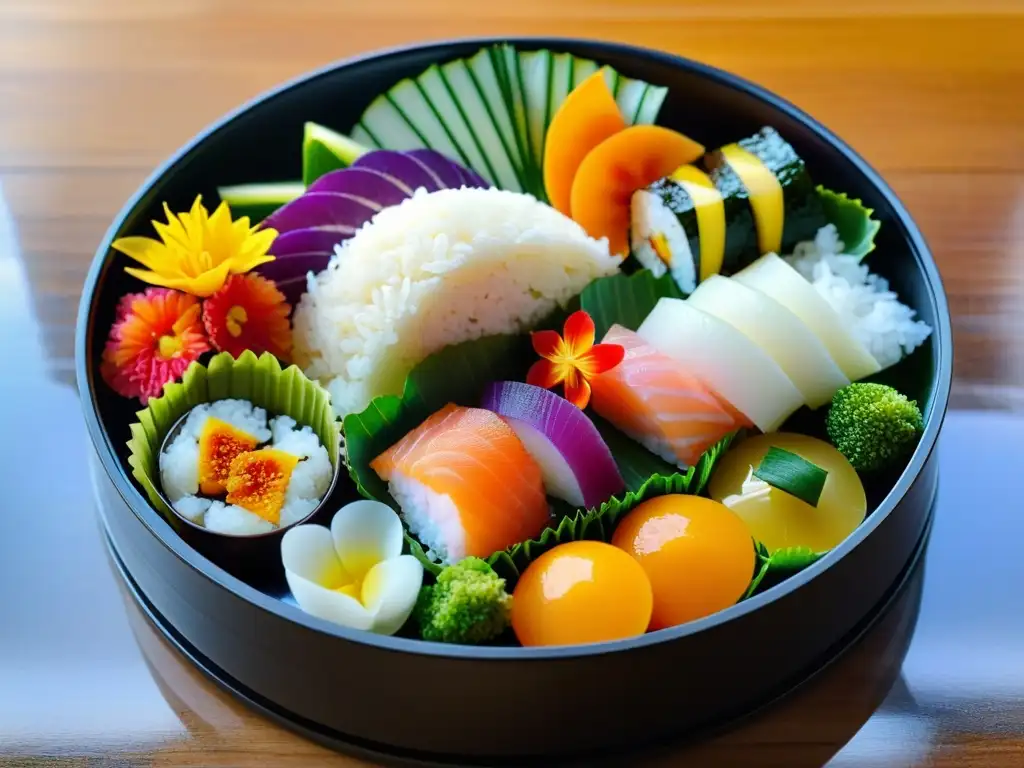 Bento japonés: arte culinario samurái Una exquisita y detallada presentación de un bento japonés tradicional, con sashimi, onigiri y vegetales encurtidos