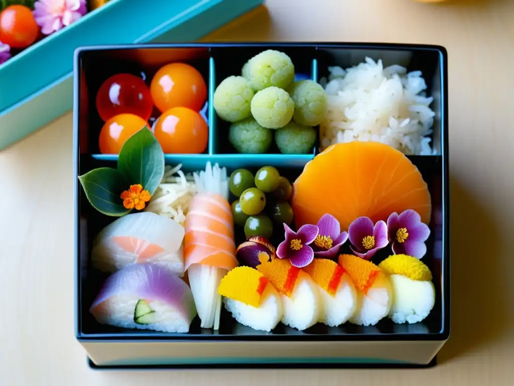 Exquisita bento japonesa: arte samurái Una exquisita y detallada caja bento japonesa, representando la nutrición y dieta samurái con sashimi, vegetales encurtidos y arroz