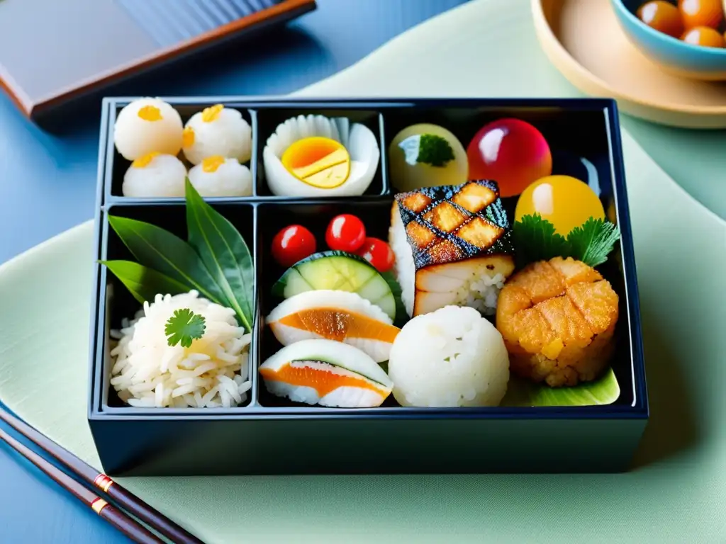 Una exquisita y detallada imagen de un tradicional bento japonés con una presentación meticulosa de ingredientes coloridos y texturas vivas