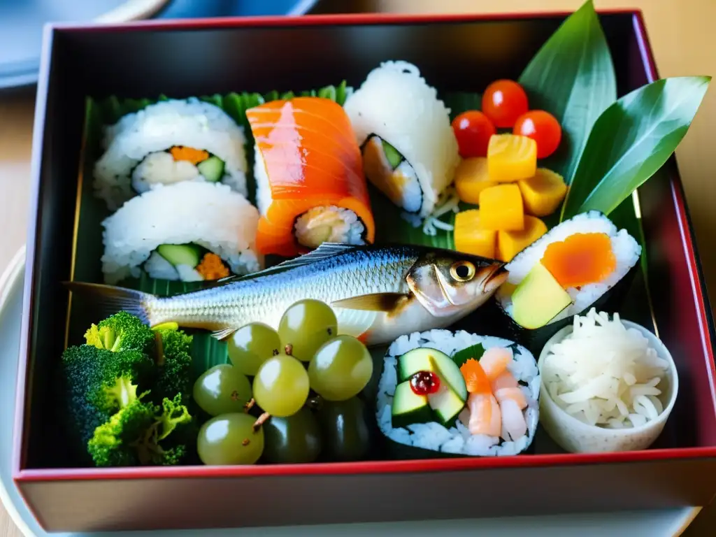 Una exquisita imagen de un bento tradicional japonés, con una variedad de delicias y colores vibrantes