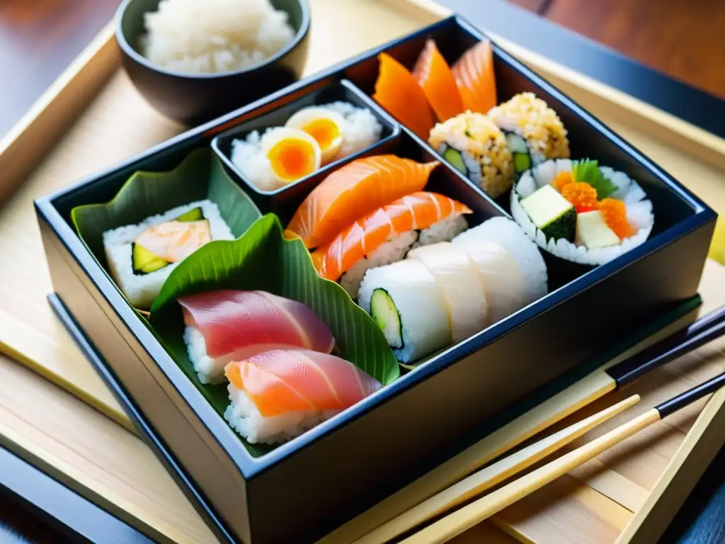 Exquisita presentación de alimentos en la cultura samurái: bento box con sashimi, sushi y onigiri, muestra tradición y arte culinario japonés