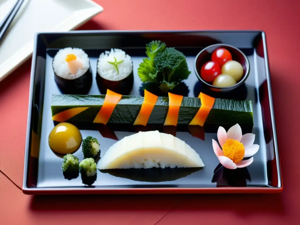 Exquisita presentación de alimentos en la cultura samurái, evocando la tranquilidad de un jardín japonés en una bandeja de laca tradicional