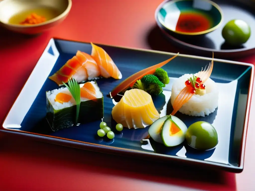 Una exquisita presentación de un banquete samurái con platos tradicionales japoneses, muestra la sofisticación y riqueza cultural