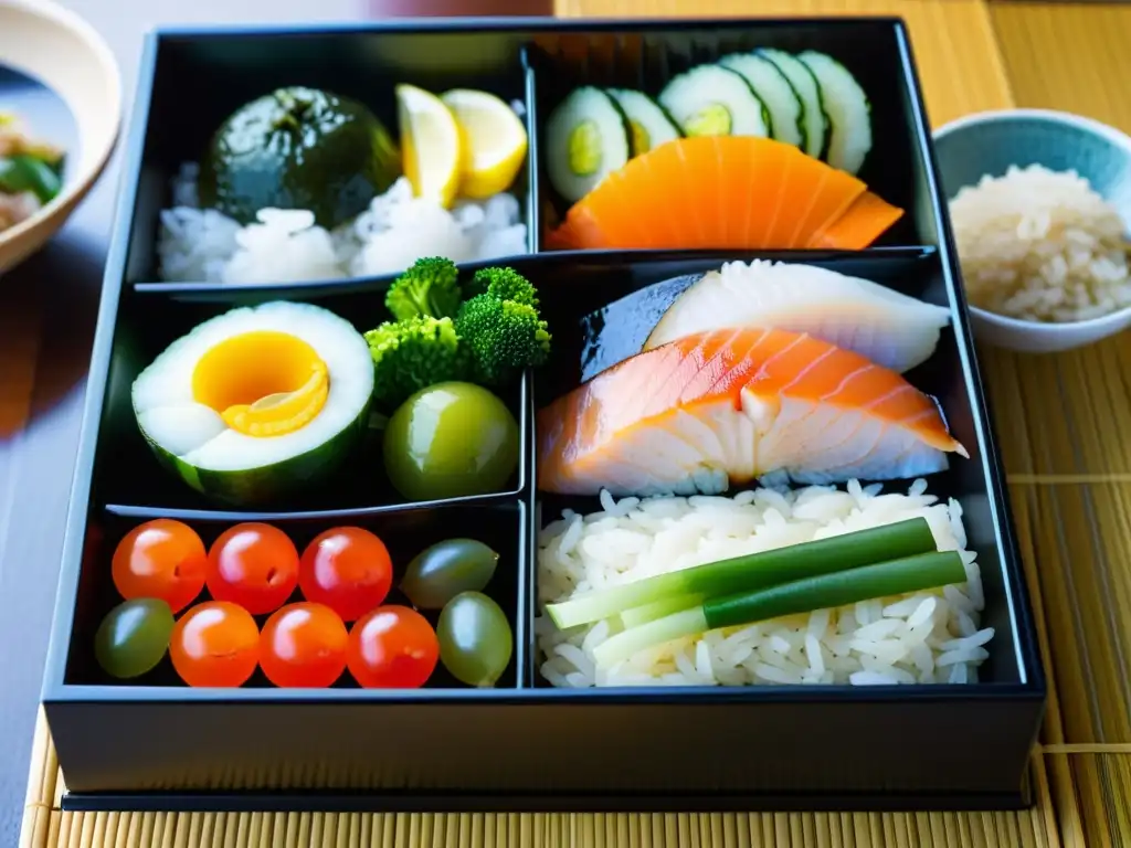 Bento box samurái: arte culinario detallado Una exquisita presentación de bento japonés con ingredientes de la cocina samurái
