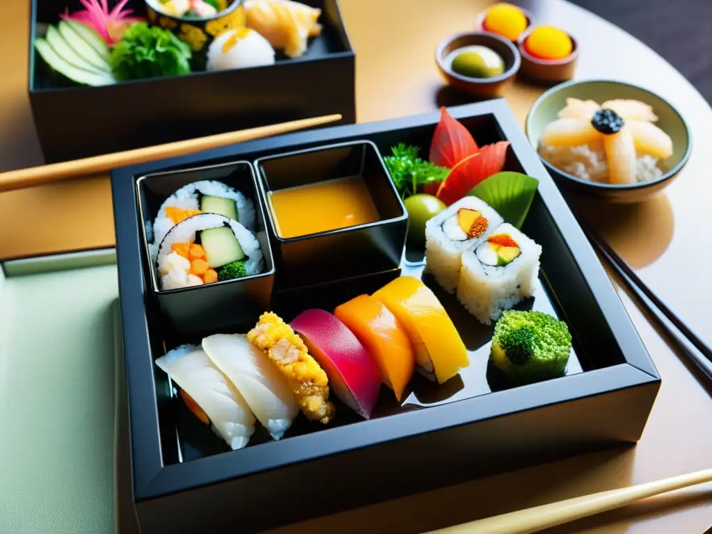 Exquisita presentación de un bento japonés con sushi, tempura y sopa miso, evocando la ruta gastronómica samurái moderna