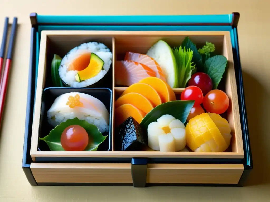 Una exquisita presentación de bento japonés que refleja la estética cultural de la gastronomía samurái