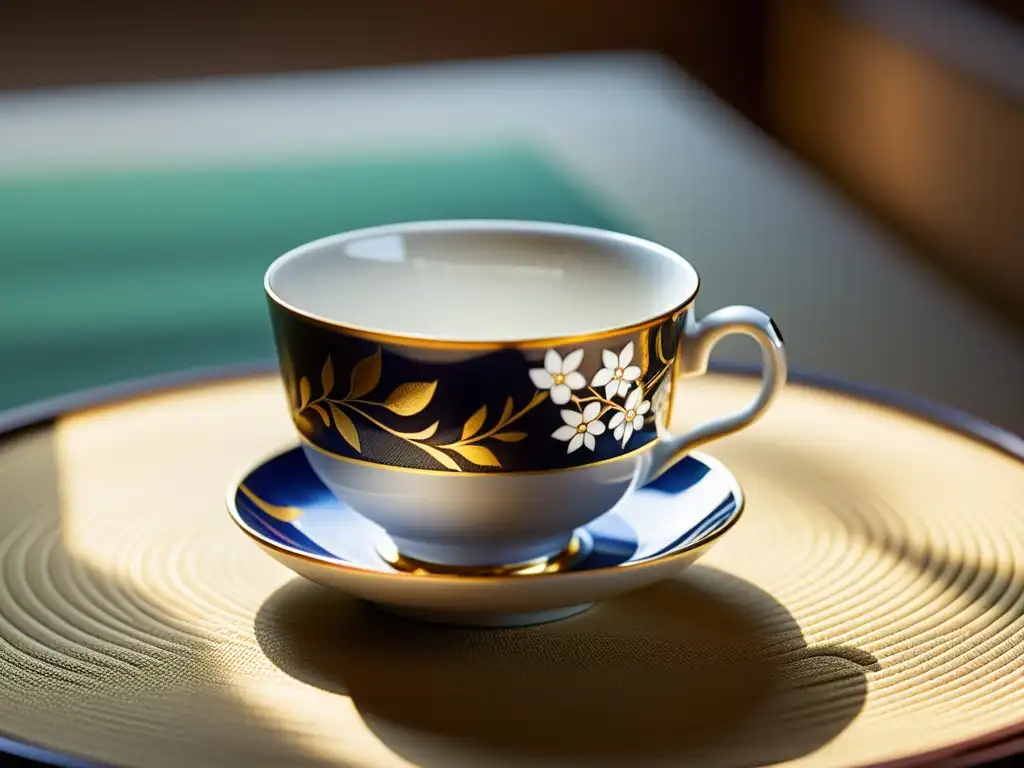 Una exquisita taza de porcelana pintada a mano de Japón feudal, con patrones florales y detalles en oro, sobre un tatami tradicional