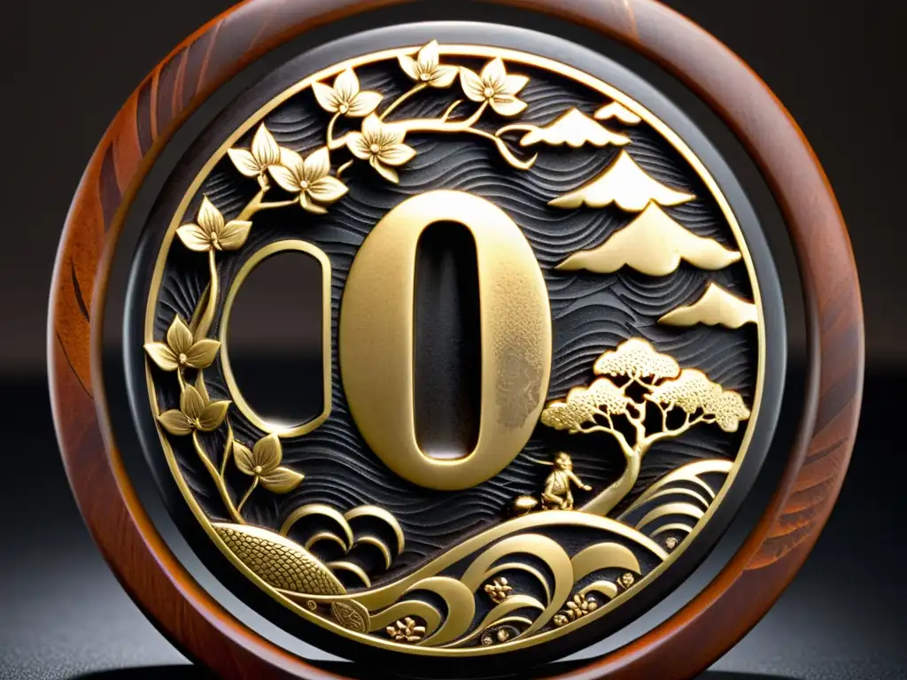 Detalles exquisitos de tsuba samurái Una exquisita tsuba japonesa muestra detalladamente motivos tradicionales, patina y artesanía