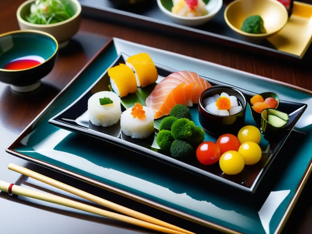 Exquisito banquete kaiseki japonés con sashimi, tempura y postres, reflejando la meticulosidad de la gastronomía tradicional samurái