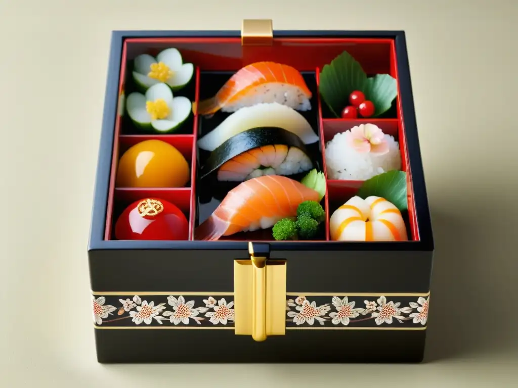 Un exquisito bento japonés con sashimi y sushi, adornado con motivos de cerezo