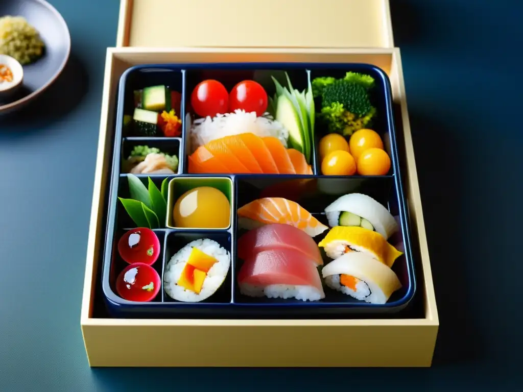 Un exquisito bento japonés con sushi, sashimi, vegetales encurtidos y frutas, reflejando la meticulosidad y arte de la dieta y nutrición del samurái