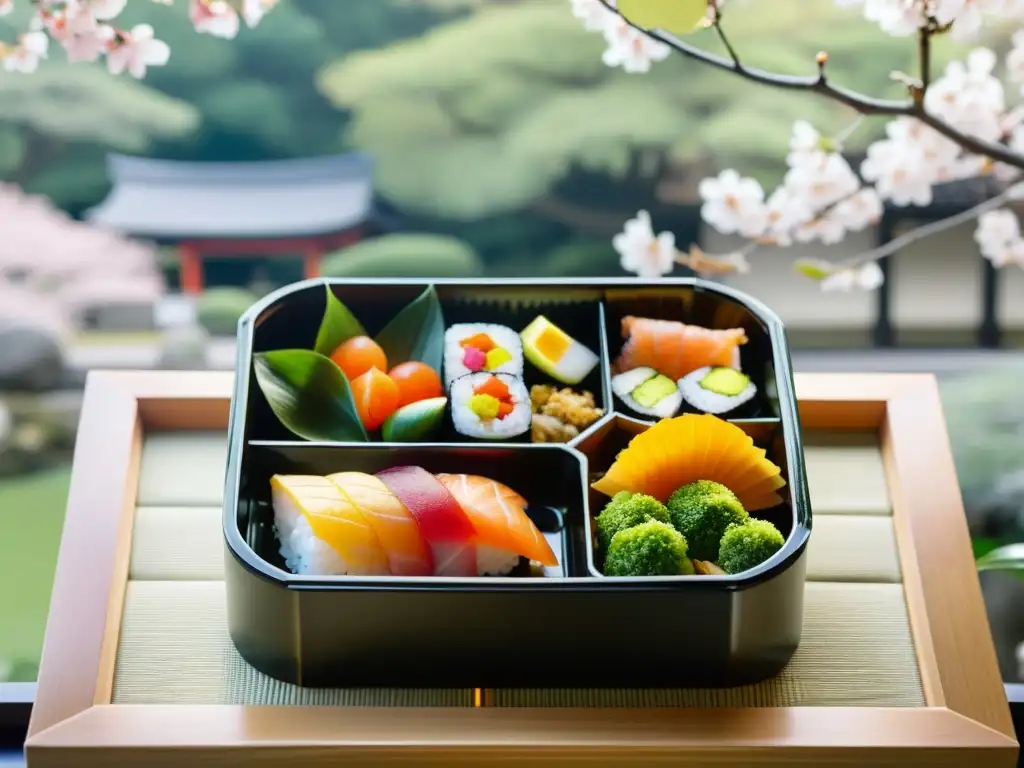 Un exquisito bento japonés con sushi, sashimi, tamagoyaki y vegetales en un jardín japonés