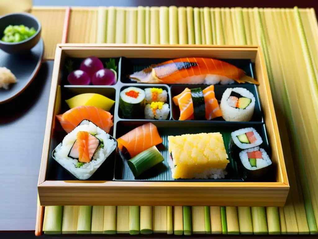 Un exquisito bento japonés con sushi, sashimi, vegetales encurtidos y tamagoyaki, exhibe la influencia extranjera en la gastronomía samurái