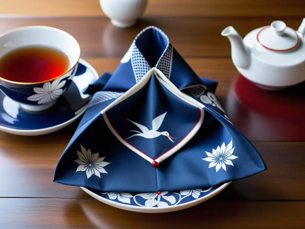 Un exquisito Furoshiki envuelve con arte un delicado juego de té cerámico, con motivos japoneses en indigo, rojo y blanco