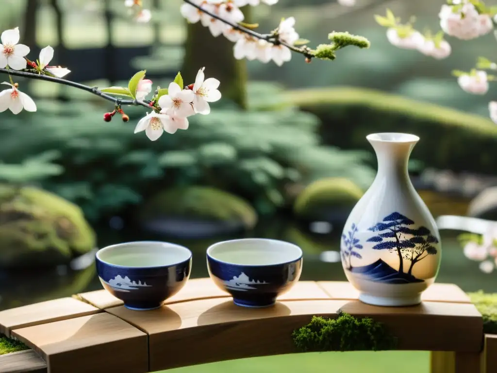 Un exquisito set de sake ceremonial japonés, rodeado de serenidad y tradición en un jardín de musgo