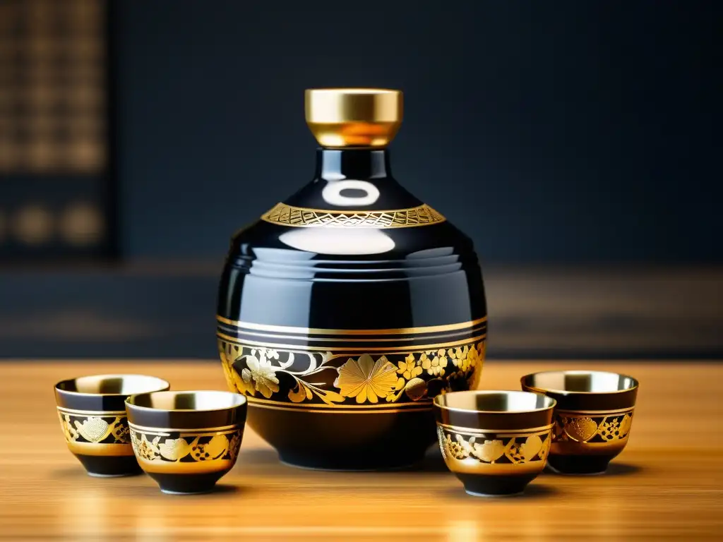 Un exquisito set de sake japonés con diseño de armadura samurái, en un entorno tranquilo con cerezos en flor