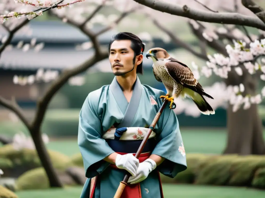 Un falconero japonés en kimono suelta un halcón bajo cerezos en flor, evocando la poesía samurai de las aves de presa