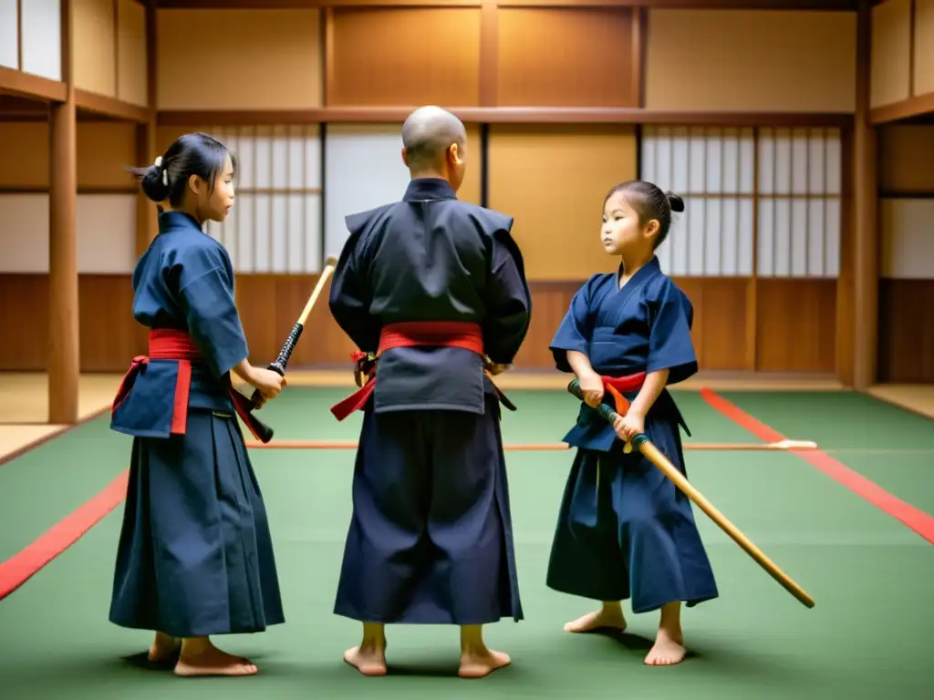 Familia practicando Kendo en dojo tradicional, mostrando disciplina y respeto